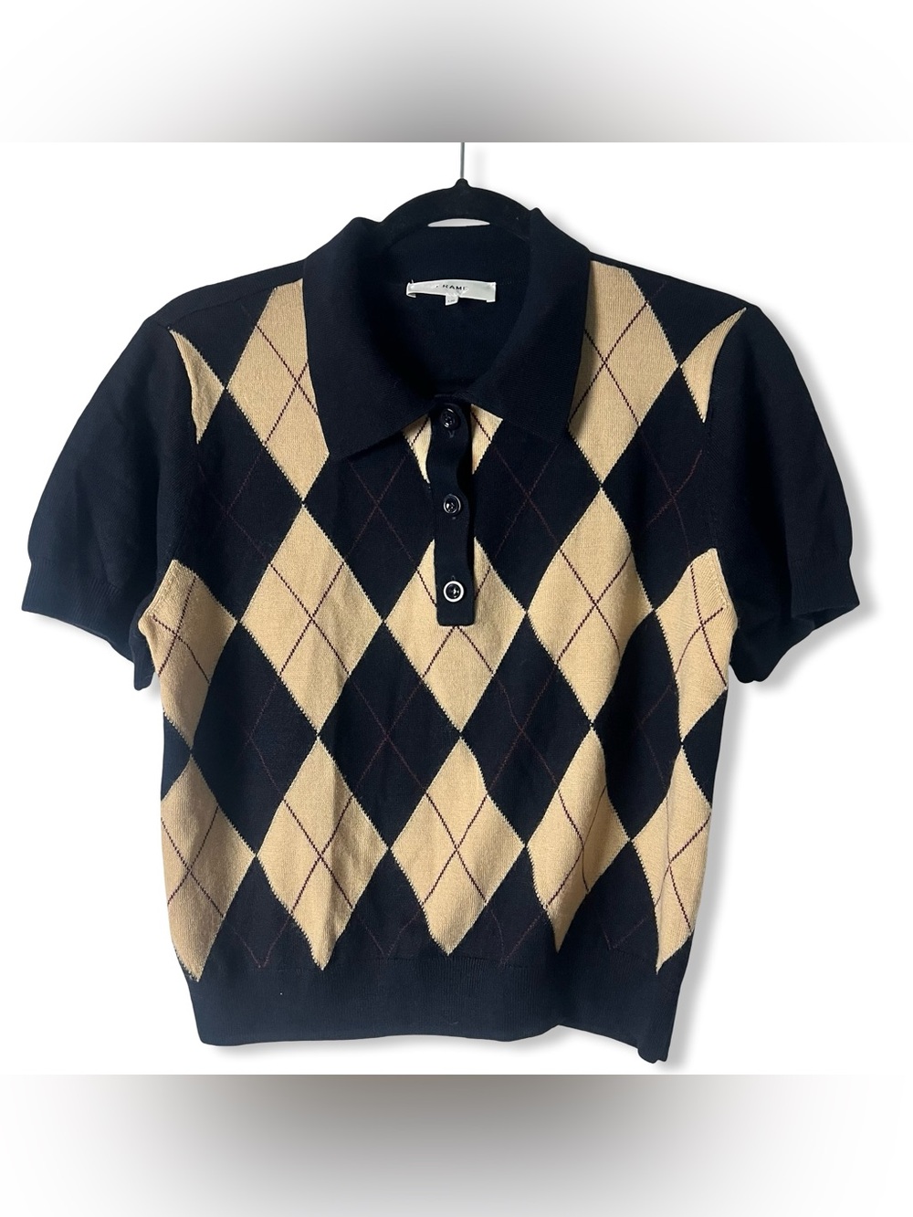FRAME Argyle Short Sleeve Polo Sweater Navy Multi Wool Cropped Preppy Sz. L